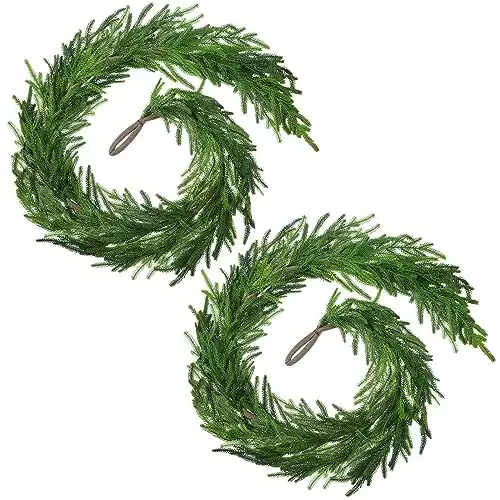 Christmas Real Touch Norfolk Pine Garland Artificial Pine Greenery Garlands Faux Christmas Norfolk Pine Garland for Christmas Holiday Seasonal Indoor Home Decor Mantle (2 Pcs,60 Inches)