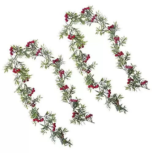 OUTLEE 5FT Artificial Snowy Leaves Red Berry Clusters Garland with Bendable Stems for Indoor Outdoor Holiday Christmas Decoration