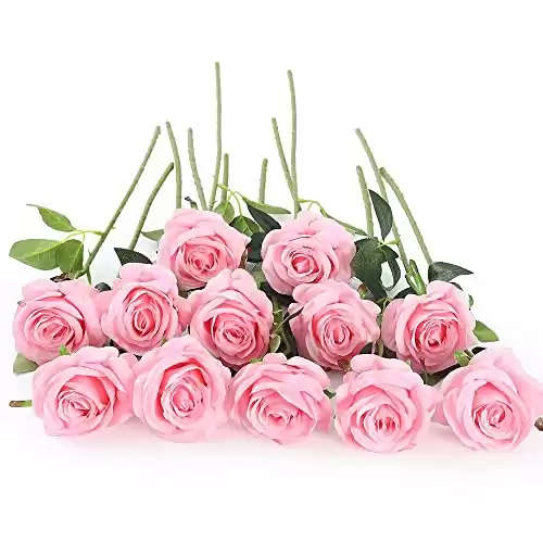 Laelfe 12 PCS Artificial Flowers Pink Roses Silk Flowers Fake Long Stem Artificial Roses for Home Kitchen Wendding Decorations (Pink)
