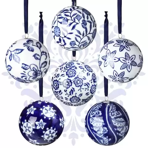 Cindeer 6 Pcs Christmas Porcelain Ornament 2.4 Inch Blue and White Porcelain Chinoiserie Balls Bulk Porcelain Hanging Decorative Ceramic Decor for Home Tree Xmas Party (Novelty Style)