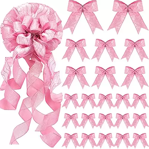 36 Pieces 3 Sizes Christmas Tree Topper Bow 12 x 34 Inch Large Christmas Wreath Bow Decoration Glitter Bow with Long Streamer for Christmas Tree Wreath Party Decoration (Pink)
