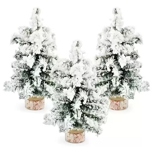 AuldHome Mini Christmas Trees (3-Pack, 10-Inch, Flocked); Canadian Pine Greenery Tabletop Holiday Decor