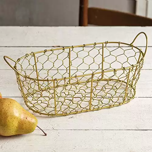 Colonial Tin Works Oval Chicken Wire Basket Small Decorative Farmhouse Centerpieces Bathroom Storage Organizer Metal Bin with Handles for Kitchen Cabinets, Pantry, Laundry Room, Gold