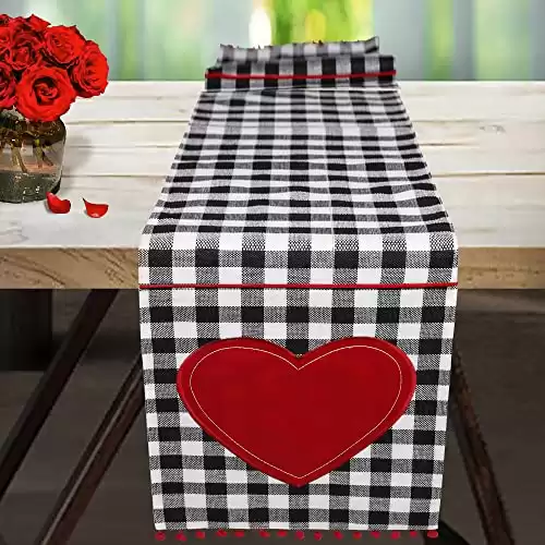 OWENIE Valentines Table Runner 72 inches Long, White and Black Buffalo Plaid Embroidered Red Heart with Tassels Table Runners for Christmas Holiday, Farmhouse Outdoor Kitchen Decor Gifts, 14 x72