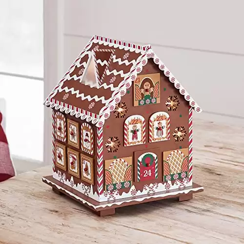 Lights4fun, Inc. 11" x 8.5" Wooden Gingerbread House Advent Calendar with Drawers Countdown to Christmas Pre-Lit Battery Operated LED Holiday Decoration