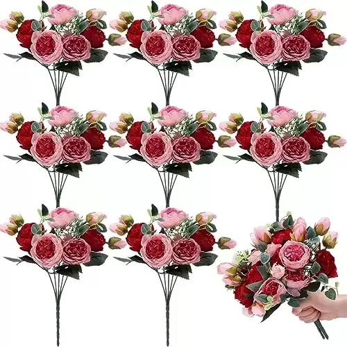 8 Packs Artificial Peony Flowers Faux Flowers Silk Hydrangea Bouquet Vintage Wedding Home Table Door Decor Reusable Bouquet of Rose Flowers for Valentine Wedding Birthday Party (Red and Pink,Peony)