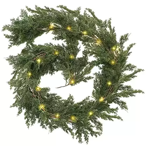 1 Pack LED Christmas Cedar Garland Artificial Pine Cypress Vines with Light Christmas Garland with Lights for Christmas Table Mantle Background Wall Room Outdoor Indoor Winter Decoration ()