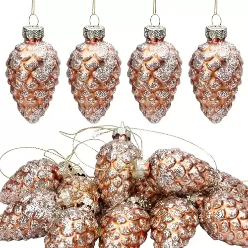 12 Pcs Christmas Pinecone Glass Ornaments- Fall Hanging Pine Cone Painted Glass Ornaments- Glitter Pinecone Christmas Ornament for Xmas Tree DIY Crafts Fall Thanksgiving Day Decoration
