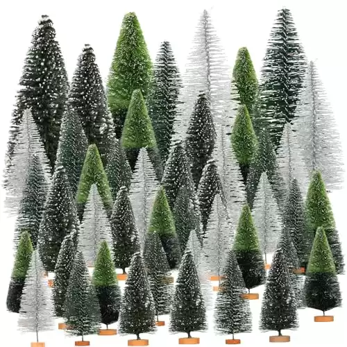 44Pcs Mini Christmas Trees Artificial Pine Trees,Sisal Trees Bottle Brush Trees Snow Frosted Christmas Tree with Wood Base for Christmas Home Table Decor