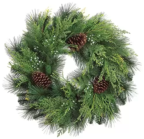 24 Inch Christmas Cedar Wreath with Pine Cones and Berries, Artificial Pine