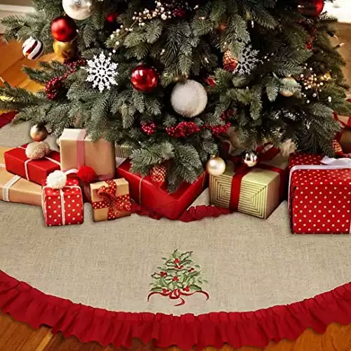 Christmas Tree Skirt 53 inch, Large Linen Burlap Tree Skirt with Red Ruffled Trim for Xmas Party Holiday Decorations
