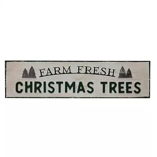 Creative Co-Op 40" W x 10-1/4"H Wood & Metal Wall Décor Farm Fresh Christmas Trees, Green & White