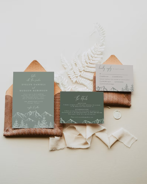 Mountain Wedding Invitation Set, Sage Green Mountain, Woodland Pine, Rustic Wedding, Lakeside Editable Template, Instant Download, 001 – Etsy