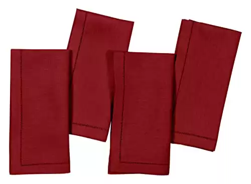 D'Moksha Dark Red Linen Napkins Set of 4-20 x 20 Inch, Valentine Cloth Napkins, 100% Pure Linen, Red Cloth Napkins Hemstitch, Dinner Napkins Cloth, Easter Cloth Napkins - Easy Care Machine Washab...