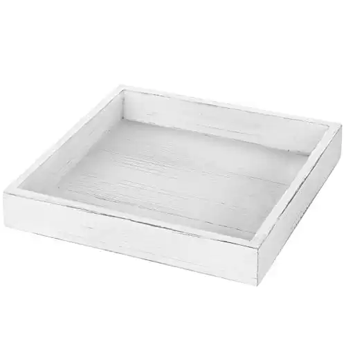 MyGift Whitewashed Wood Serving Tray with Handles | 10-Inch Decorative Farmhouse Wooden Ottoman, Coffee Table, Centerpiece Tray