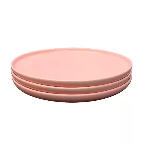 JUKFITA Ceramic Dinner Plates Set, 8 Inch Matte Glaze Salad Plates, Porcelain Dinnerware Appetizer Dessert Dish Set, Scratch Resistant Kitchen Oven Dishwasher Microwave Safe, Set of 3 Pink