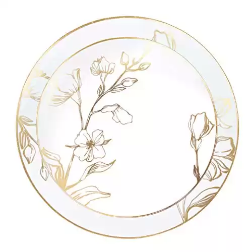 PLASTICPRO 32 Piece Combo Plates Set includes 16-7'' inch Plates & 16-10'' inch Plates White Plastic Floral Design Party Plates With Gold Rim, Premium heavyweight Elegant,Dishe...