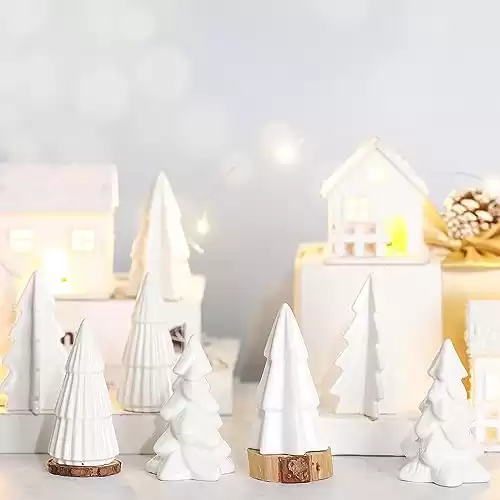 Nuenen 8 Pieces Mini Christmas Ceramic Tree Figurine Christmas Tree Smooth Porcelain Tree Decor 3.5 Inch Winter White Tabletop Tree for Christmas Village Accessories Home Decorations (Tree)