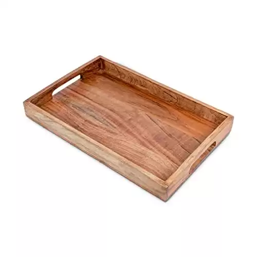 Samhita Acacia Wood Serving Tray with Handles,Wooden Tray, Snack Tray, Breakfast Tray, Great for, Breakfast, Coffee Tables, Homes, Restaurant|Size- 15" x 10" x 1.6"