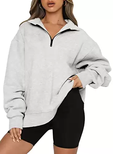BLENCOT Women Half Zip Oversized Sweatshirts Long Sleeve Solid Color Drop Shoulder Fleece Workout Pullover Gray M