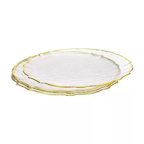 Vikko Glass Charger, 13 Inch Textured Clear Glass Dinner Plate Charger with Elegant Gold Rim, Set of 4 Elegant Place Setting Chargers