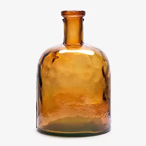 Medium Wide Amber Recycled Glass Bottle – Mediterranean Style Handmade Glass Carafe for Home Decoration as Vase or Flower vase
