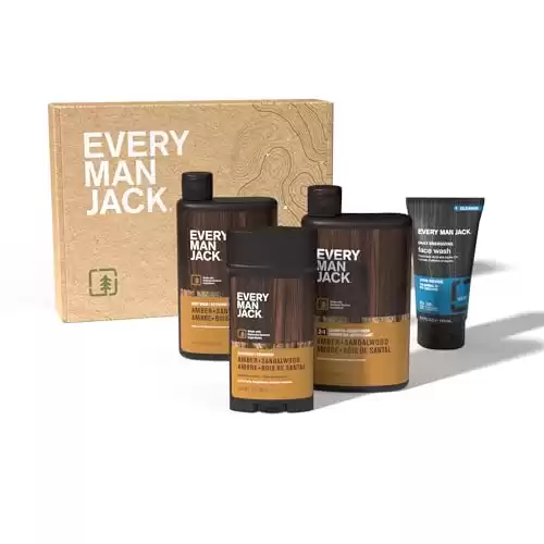 Every Man Jack Mens Body Gift Set - Clean Ingredients, Sandalwood, Amber & Vetiver Scent - Body Wash, 2-in-1 Shampoo, Deodorant & Face Wash