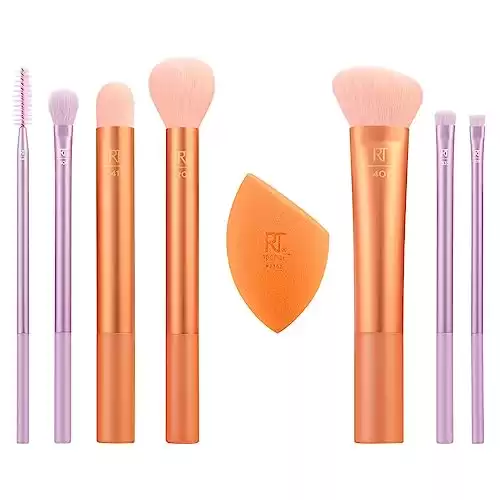 Real Techniques Level Up Brush And Sponge Kit, Makeup Brushes For Eyeshadow, Foundation, Blush, & Bronzer, Blending Sponge, Professional Quality Tools, Synthetic Bristles, 8 Piece Set