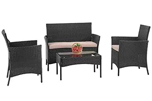 FDW Patio Furniture 4 Pieces Outdoor Indoor Use Rattan Chairs Wicker Conversation Sets for Backyard Lawn Porch Garden Balcony,Black