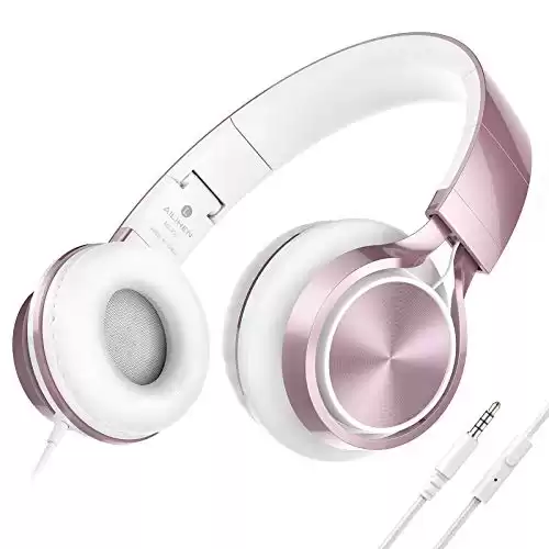 AILIHEN MS300 Girl Headphones for Kids School, Wired On-Ear Headsets with Microphone for Chromebook Laptop Computer, Foldable Adjustable Teen Headphones, Tangle-Free, 3.5mm Jack (Rose Gold)