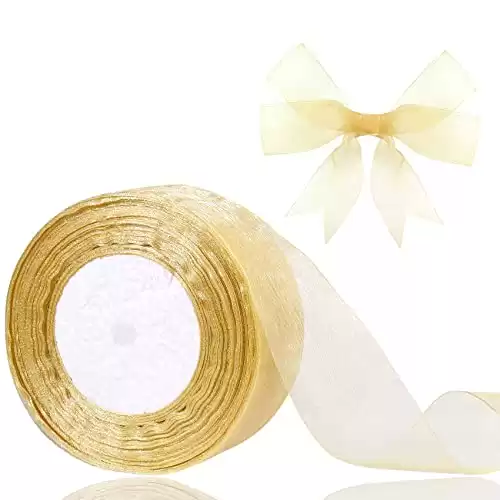 Hiswan 1.5 inch Sheer Organza Ribbon Gold Chiffon Ribbon for Gift Wrapping Valentine's Day Wedding Bouquet Crafts 50 Yards