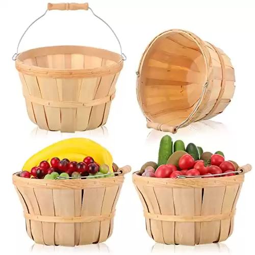 4 Pcs 6 Inch Tall by 9.5 Inch Diameter Round Wooden Baskets, Harvest Basket Garden Basket Food Service Display Baskets Wood Fruit Buckets with Handle for Party Favors Storage Organizing (Wood Color)