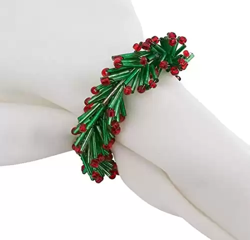 Fennco Styles Hand Beaded Christmas Wreath Design Decorative Napkin Rings, Set of 4 - Green Glass Beads Napkin Holders for Home, Dining Table, Banquets, Holiday Décor and Special Occasion