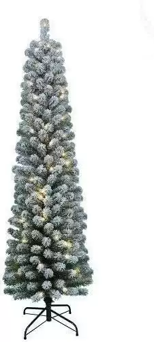 BPIL Artificial Snow Flocked Pencil Slim Pre-Lit Christmas Snowy Pencil tree in 5ft/ 150cm/6ft / 180cm/ 7ft/ 210cm Size's Xmas Festival Decoration for indoor and outdoor use with stand (5ft / 150...