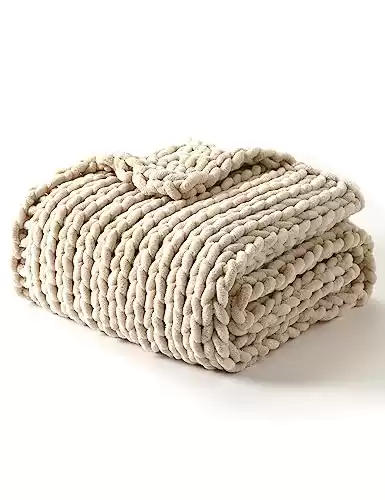 YnM Chunky Throw Blanket, Hand Knitted with Chenille Yarn, Skin Friendly, Ventilated and Breathable, Machine Washable, Home Décor Piece for Couch, Sofa and Bed (Butter Cream, 40x50 Inch)