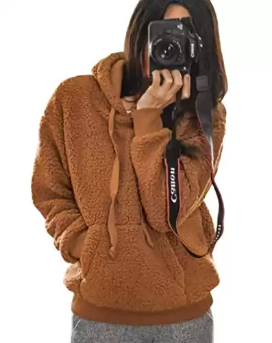 KIRUNDO 2023 Winter Women's Fuzzy Fleece Hoodies Sweatshirts Casual Long Sleeves Shaggy Sherpa Pullover With Pockets(X-Large, Khaki)