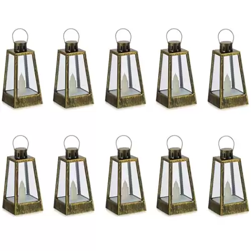 Romadedi Mini Lantern Decorative for Wedding Centerpieces 10Pcs Gold Vintage Candle Lanterns with Flickering LED Candles for Halloween Decor, Christmas, Party, Table Centerpiece, Battery Included