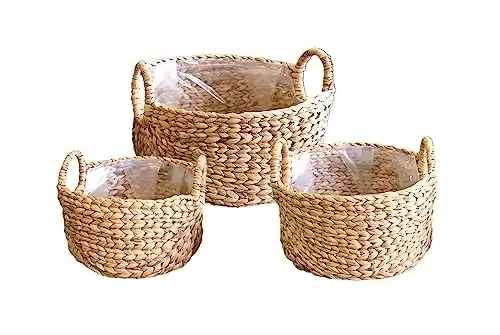 LilaCraft Wicker Baskets for Storage with Liners, Water Hyacinth Storage Baskets for Planting, Handwoven Wicker Storage Cubes, 3 Pack, Brown