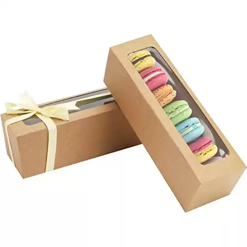 NPLUX 25 Pack Macaron Boxes for 5-7 Macarons Strawberry Boxes Macaron Container Packaging Boxes with Ribbon for Candy Sweet Gift Giving (Brown)