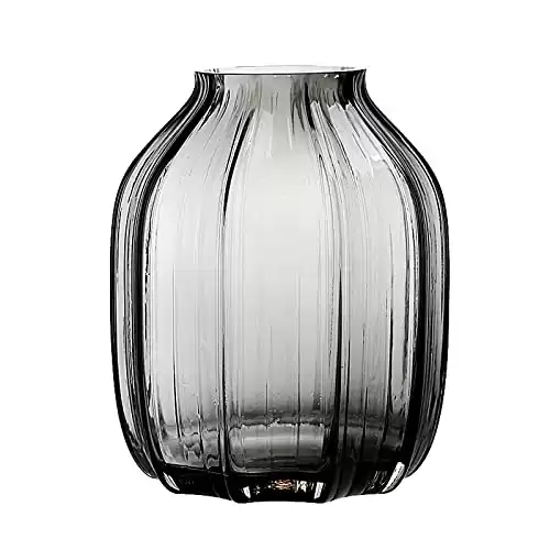 Black Grey Glass Vase for Flowers,Dark Grey Bud Tall Glass Vases,H-21cm Simple Striped Design for Home Floor Decor,Farmhouse Decor, Centerpiece Coffee Table Decorations(Grey 21cm)