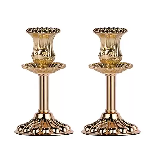 Gold Taper Candle Holder, Set of 2 Premium Gold Candlestick Holders with Deluxe Engraved Aulic Design (Gold Floral x 2)