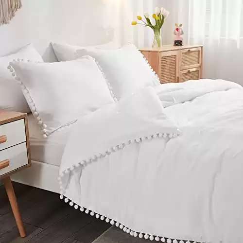 Andency White Queen Comforter Set (90x90 inch), 3 Pieces (1 Pom Pom Fringe Comforter, 2 Pillowcases) All Season Comforter Washed Microfiber Bedding Set with Corner Loops