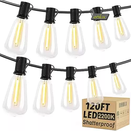 OHLUX String Lights for Outside,120FT Dimmable Outdoor Patio Lights with 62 Shatterproof ST38 LED Vintage Edison Bulbs,2200K Connectable Hanging Lights for Deck Porch Bistro Gazebos Balcony Garden