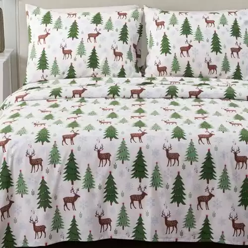 Great Bay Home Extra Soft Holiday Printed 100% Turkish Cotton Flannel Sheet Set. Warm, Cozy, Luxury Winter Bed Sheets. Boulder Collection (Twin, Deer, Trees, & Snow)