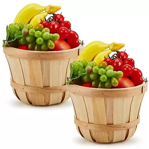 Tatuo 2 Pcs Round Wooden Baskets with Handle Wood Strawberry Buckets Display Holiday Food Service Baskets Fall Harvest Basket for Garden Home Party Supplies Vegetables Fruits(Wood Color)