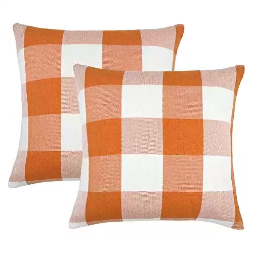 4TH Emotion Set of 2 Farmhouse Buffalo Check Plaid Throw Pillow Covers Cushion Case Polyester Linen for Fall Home Decor Orange and White, 16 x 16 Inches