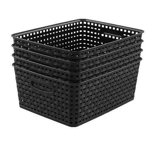 Qqbine Plastic Weave Storage Baskets, Plastic Shelf Basket Bins, Black, 4 Packs