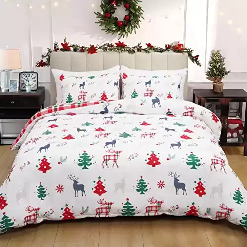 Lyacmy Christmas Duvet Cover Set King Reindeer Comforter Cover Set 3 Pieces Christmas Tree Snowflake Bedding Cover Reversible Xmas Plaid Quilt Cover with Zipper Closure(1 Duvet Cover, 2 Pillow Shams)
