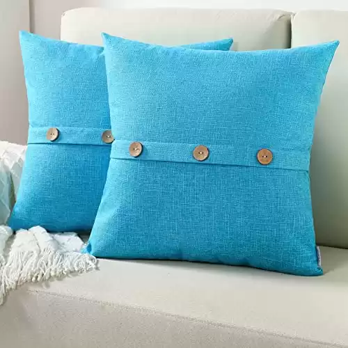 FUTEI Sky Blue Linen Decorative Throw Pillow Covers 18x18 Inch Set of 2, Square Cushion Case with Vintage Button/Zipper,Modern Farmhouse Home Decor for Couch,Bed