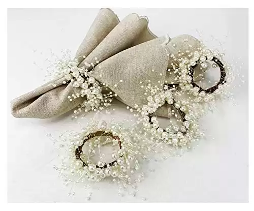 Fennco Styles Handmade Beaded Faux Pearl Wreath Napkin Rings, Set of 4 - Ivory Napkin Holders for Home Decor, Dining Room, Wedding, Banquets and Special Occasions